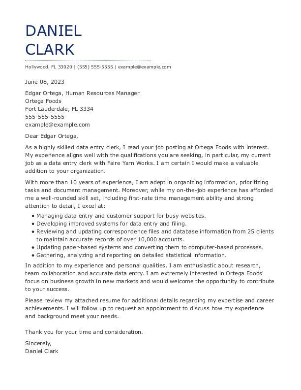 Data Entry Clerk Cover Letter Example