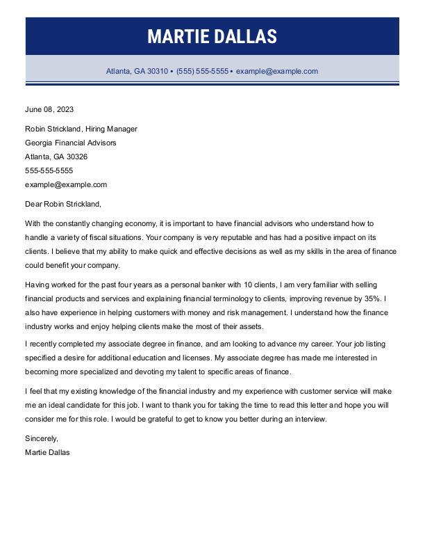 Financial Advisor Cover Letter Example