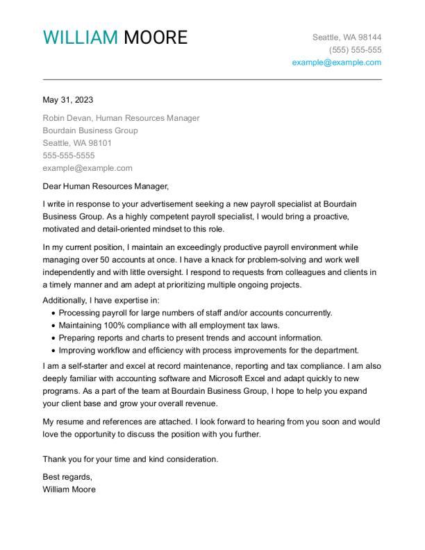 Payroll Specialist Cover Letter Example
