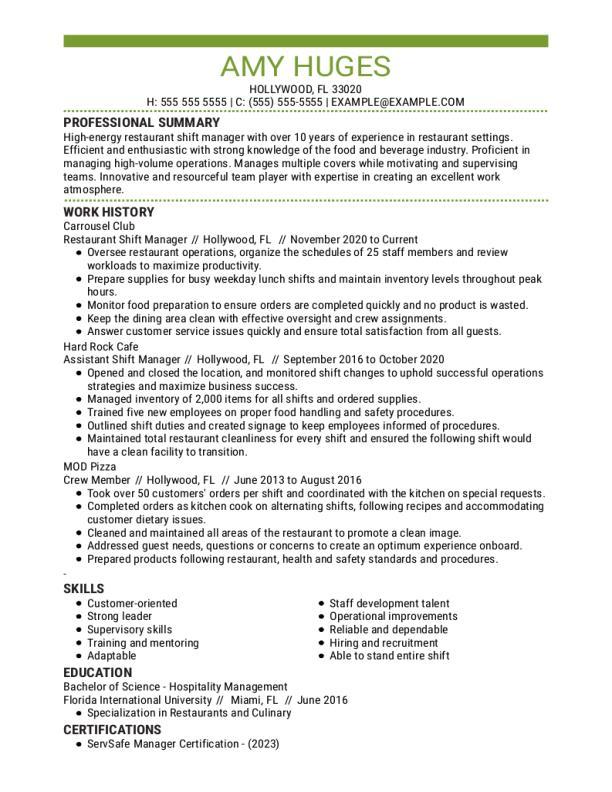 Restaurant Shift Manager Resume Template