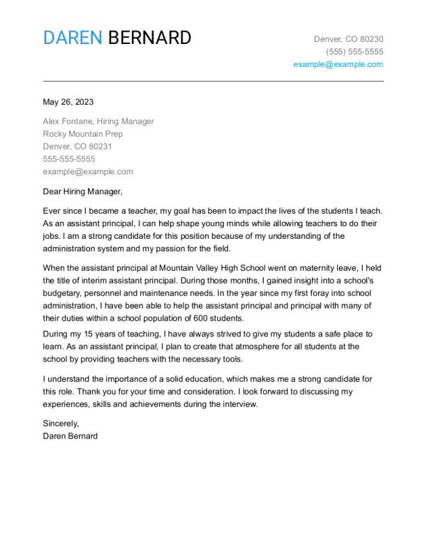 Assistant Principal Cover Letter Example