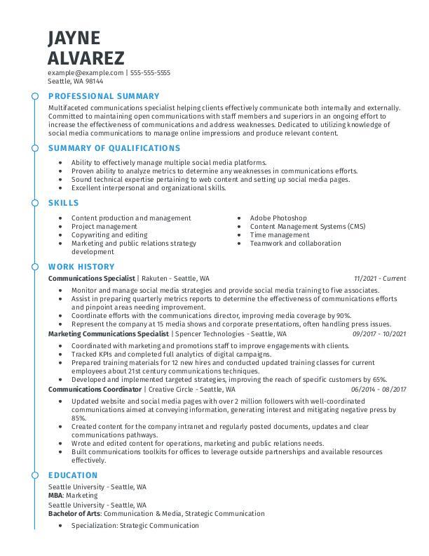 Resume template for communication specialists