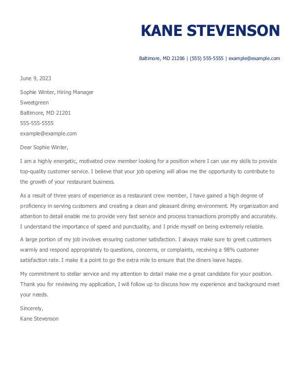 Crew Member Cover Letter Example