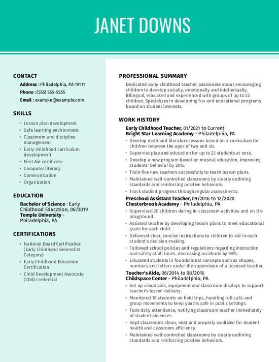 Early Chilhood Teacher Resume Template