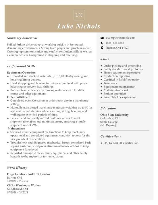 Forklift Operator Resume Template