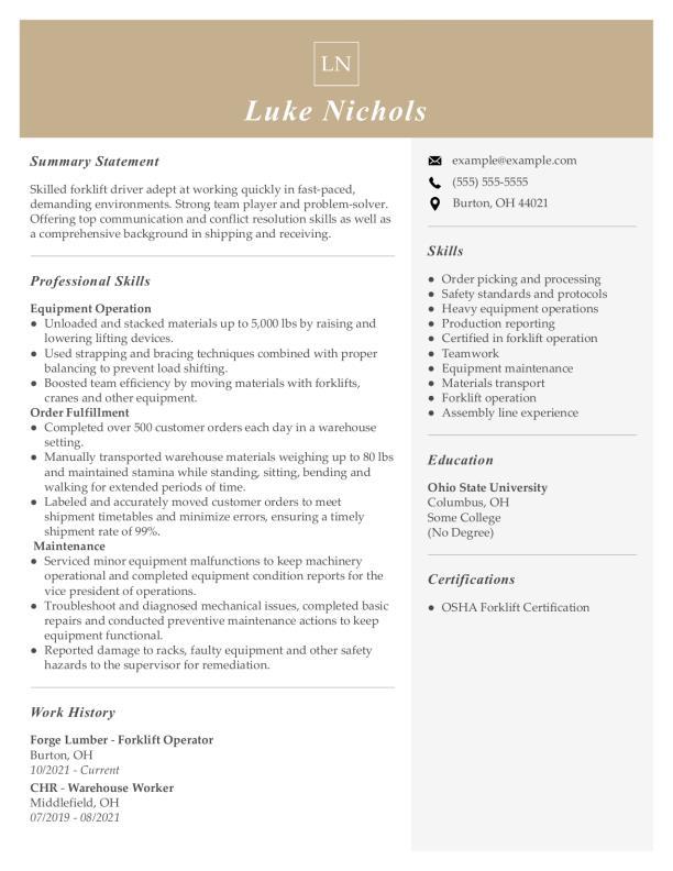 Forklift Operator Resume Template