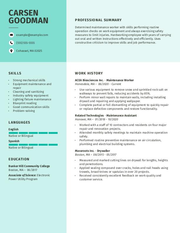 Maintenance Worker Resume Template