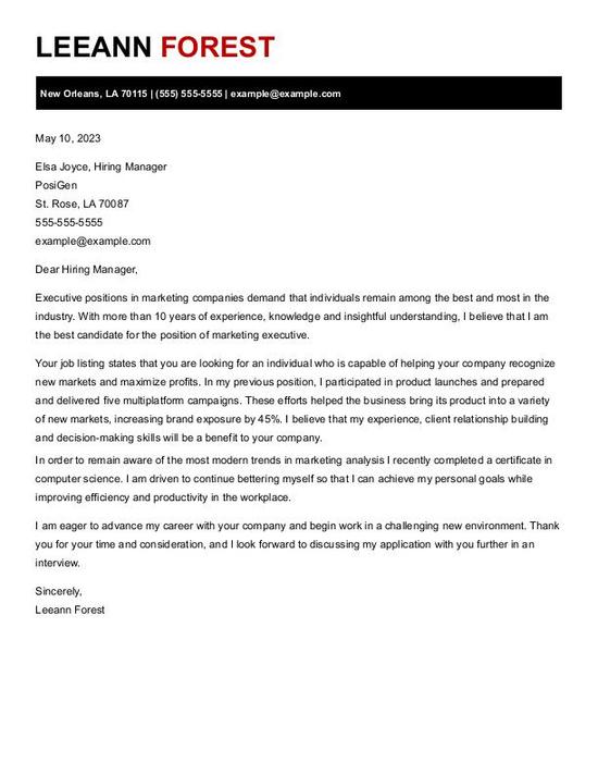 marketing executive cover letter example