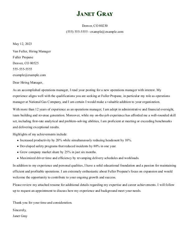 Operations Manager Cover Letter Example