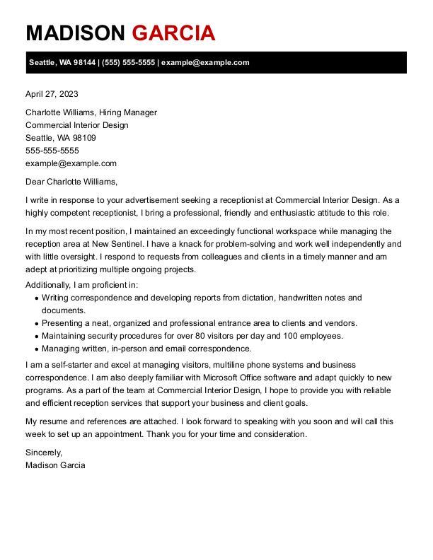Receptionist Cover Letter Example