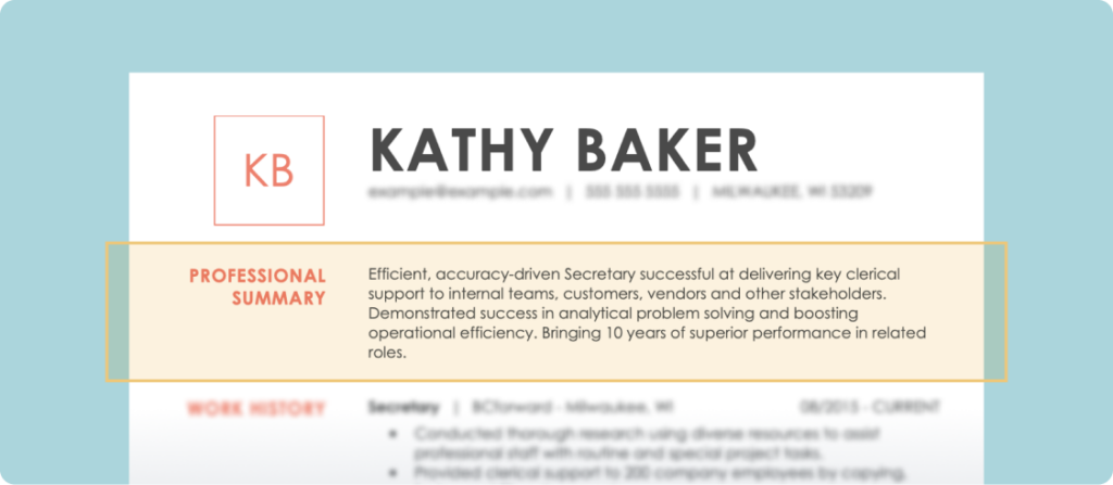 Image showing an example of a resume summary section