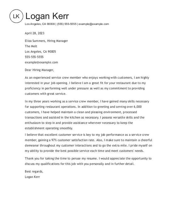 Service Crew Member Cover Letter Example