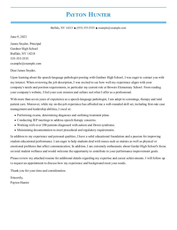 Speech Language Pathologist Cover Letter Example