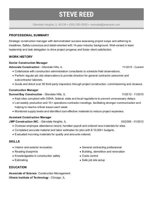 Construction Manager Resume Example