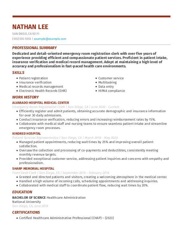 Emergency Room Registration Clerk Resume Template