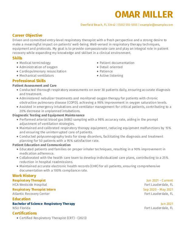 Entry Level Respiratory Therapist Resume Template