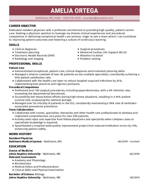 Entry Level Resume Sample Objective - Physician Entry Level Resume Template