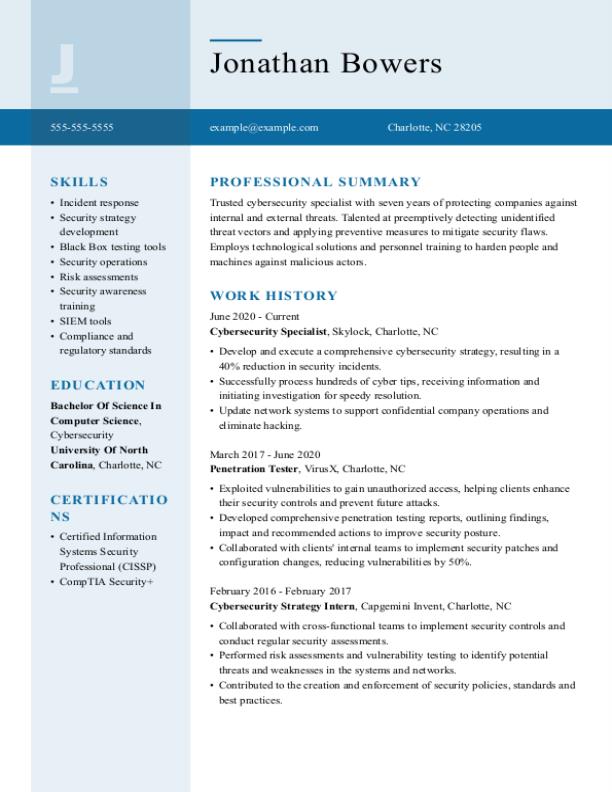 Cyber Security Specialist Resume Example