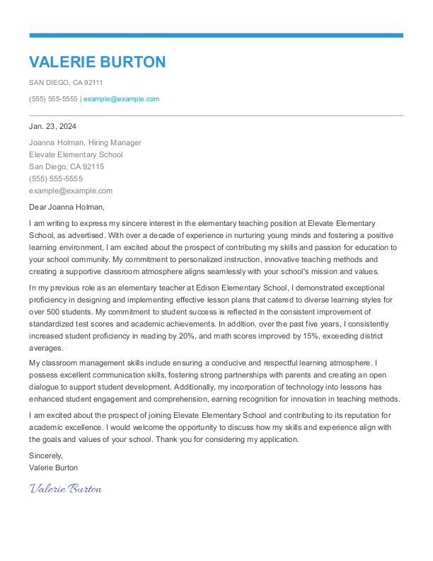 Elementary Teacher Cover Letter Example