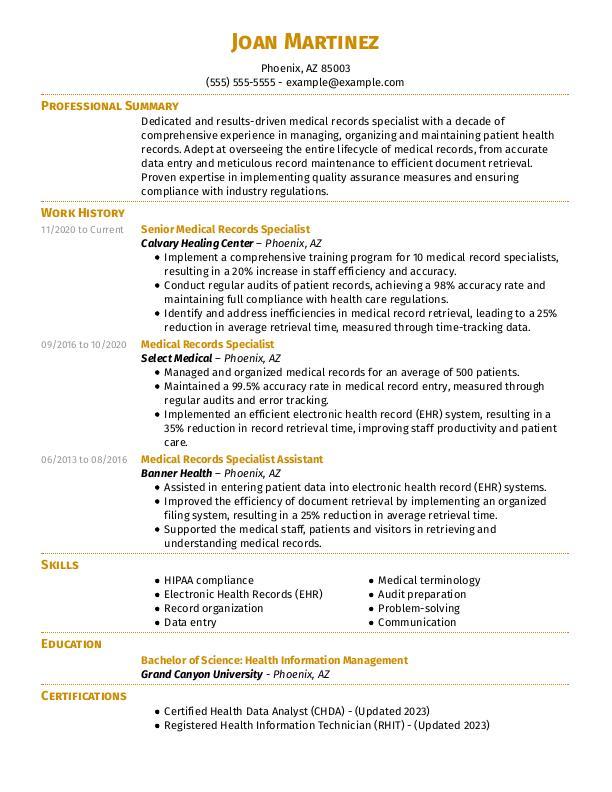 Medical Records Specialist Resume Template