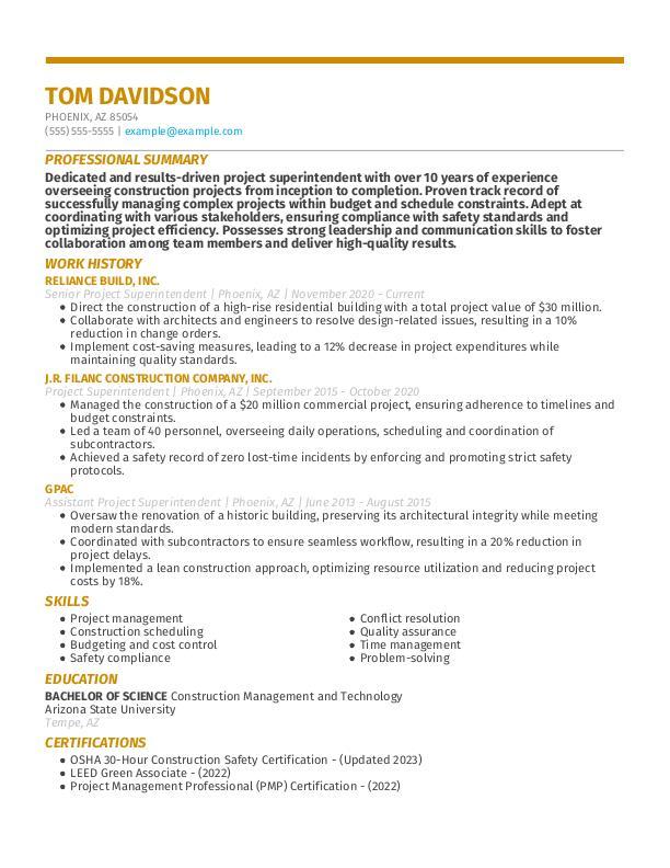 Project Superintendent Resume Template