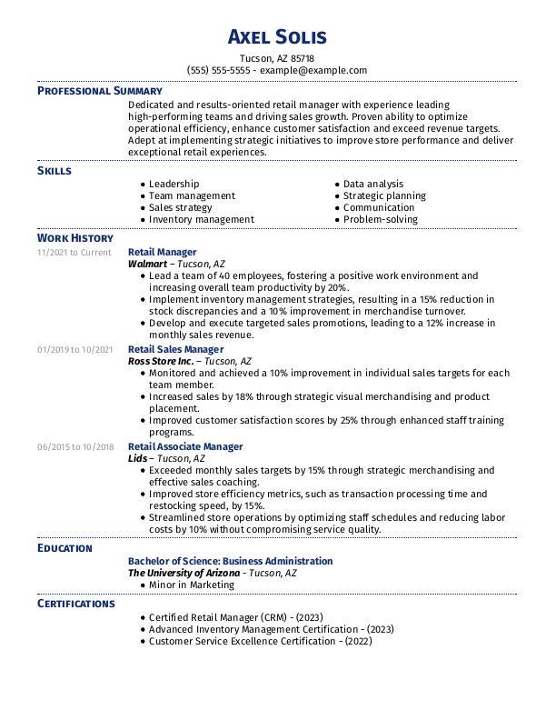 Retail Manager Resume Example