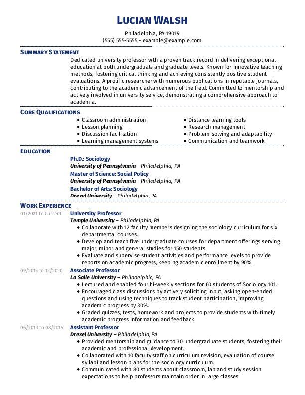University professor CV template in professional format