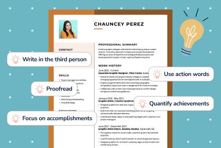 Illustration of a sample resume surrounded by call-out bubbles that provide expert resume tips, such as 
