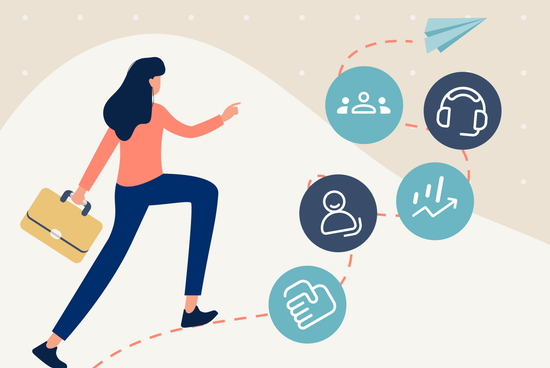 Illustration of a woman carrying a briefcase and climbing a path toward icons representing various transferable skills.