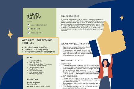 Illustration of a resume alongside a person holding up a thumbs-up icon. A resume section is highlighted that shows links to the candidate’s website, LinkedIn profile, and Instagram portfolio.