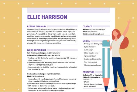 Illustrated graphic showing an image of a job resume with the name of the job applicant as the resume headline, alongside a person waving and holding a pencil