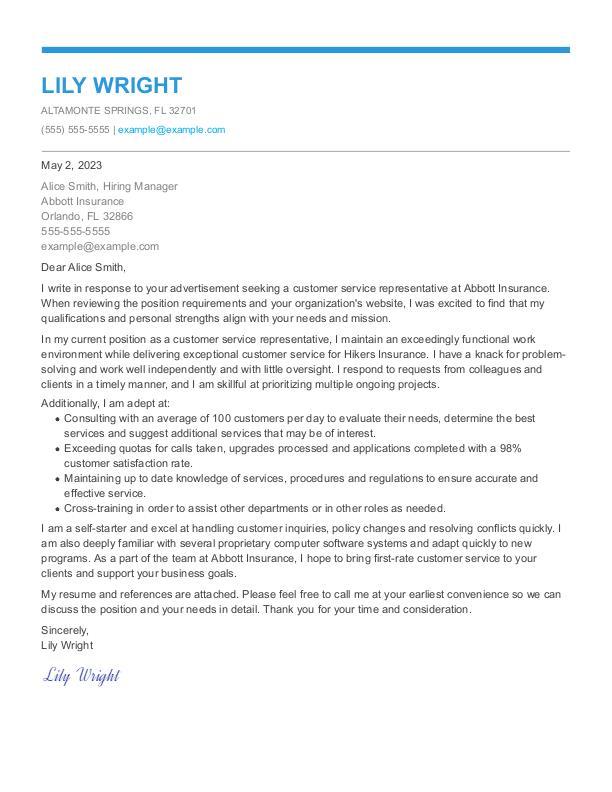 Customer Service Representative Cover Letter