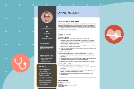 Graphic showing a CNA resume with the skills section highlighted, alongside healthcare-related icons like a stethoscope and a heart