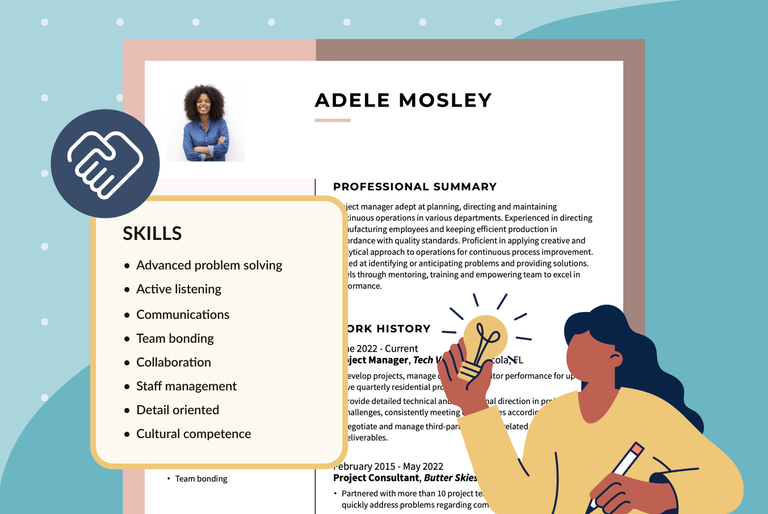 Graphic of a resume featuring a callout box of conflict resolution skills like Active listening and Team bonding, a handshake icon, and an illustrated woman holding a lightbulb.
