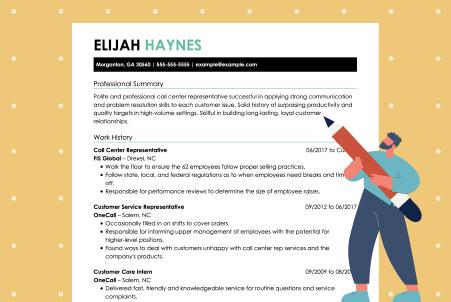 Graphic showing a resume with the job candidate's name, location, and contact information at the top, representing a clearly defined and impactful resume header, alongside an icon of a person holding a pencil pointing to the header