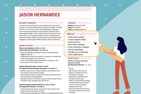 Illustrated graphic showing a job resume highlighting the section that lists skills, alongside an icon of a person pointing a pencil at the list of skills