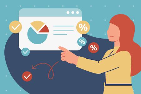 An illustration of a woman analyzing a data chart with percentage signs and checkmarks, symbolizing critical thinking and problem-solving skills
