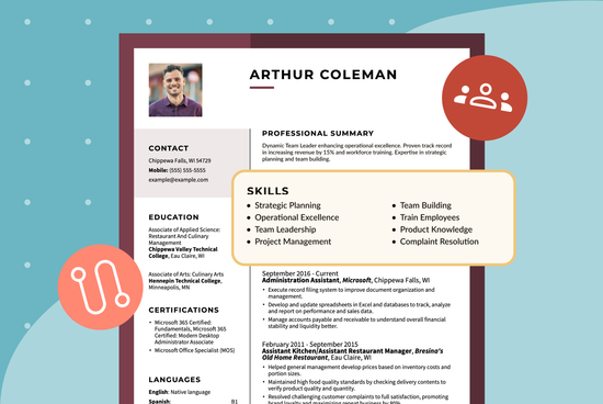 Graphic of a resume template featuring a central callout box that highlights management skills like Strategic Planning and Team Building.