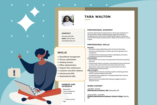 An illustration of a sample resume for an administrative assistant that highlights organizational skills, shown next to an illustration of a person sitting with a laptop and pointing upwards