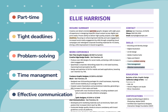 Graphic of a resume template for a part-time job highlighting experience relevant to part-time work, like Tight deadlines and Problem-solving, in callout boxes.