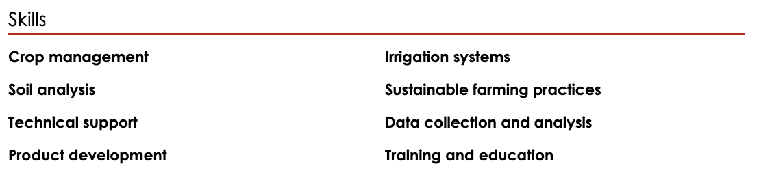 Resume skills section example for an Indian resume