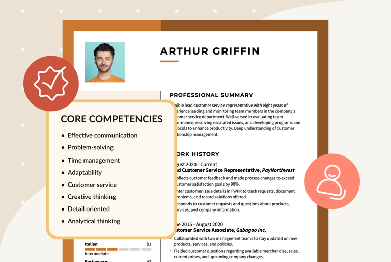 Graphic of a resume for featuring a central callout box listing core competencies like Adaptability and Detail oriented.