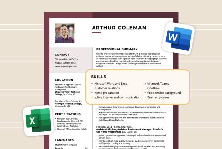 A sample resume for an administrative professional, featuring floating Microsoft Word and Excel icons and a highlighted list of administrative skills