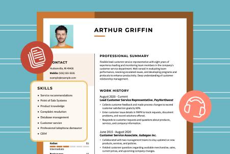 An illustration of a sample resume for a customer service representative, featuring a highlighted list of relevant skills and a headset icon