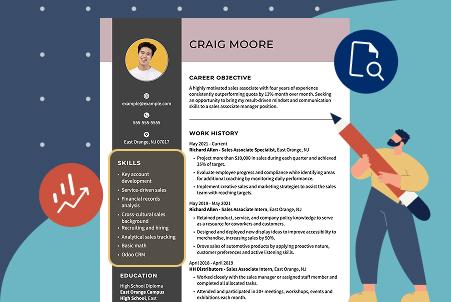 An illustration of a sample resume, with the skills section highlighted, next to a man holding a large pencil and data analytics icons