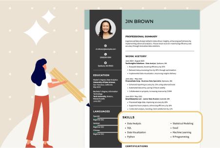Illustrated graphic showing a data analyst resume with the section listing skills highlighted and a photo of the applicant in the top left corner, alongside an icon of a person pointing a pencil at the skills section