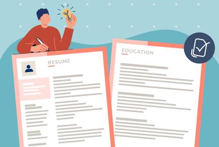 An illustration of a person holding a lightbulb while working on a two-page resume, representing the question of resume length