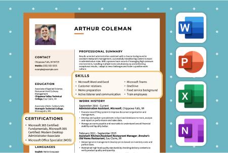 Illustrated graphic showing a job resume with portions highlighted listing Microsoft Office skills, alongside icons of Microsoft Office program logos