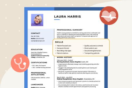 Graphic of a portrait resume highlighting nursing skills, alongside icons of a stethoscope and a heart