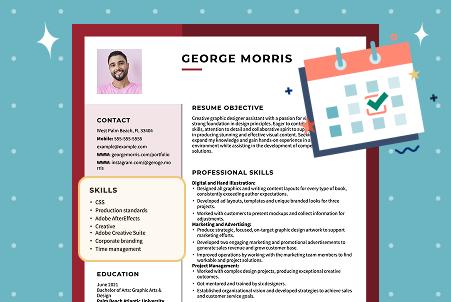 An illustration of a sample resume highlighting the skills section, next to a large calendar icon, symbolizing time management